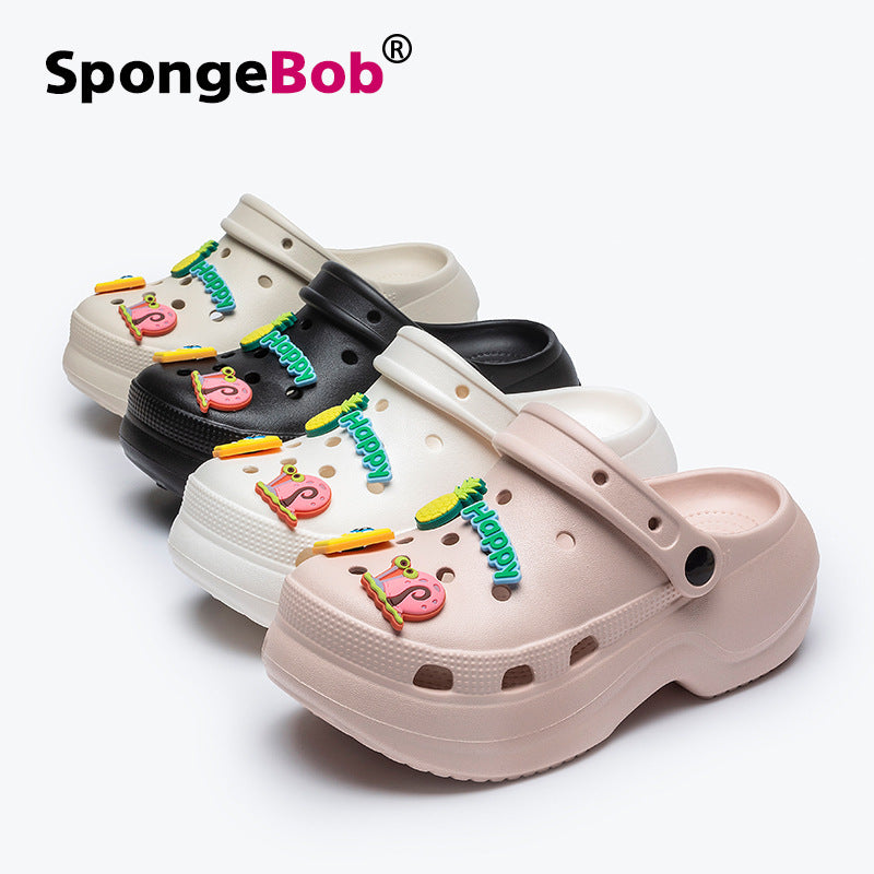 Spongebob squarepants thick sole crocs women's summer outwear non-slip heightening fairy style beach two-wear toe-cap half slippers