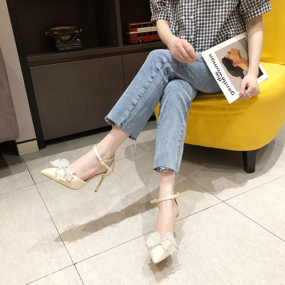 2025 summer new bow buckle high heels women's european and american celebrity stiletto pumps outer wear shallow mouth fashion women's shoes