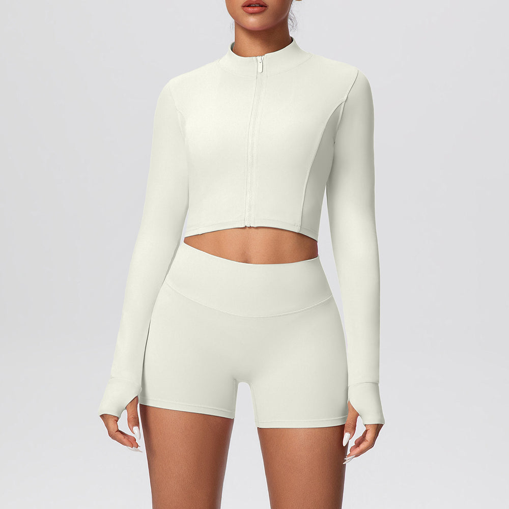 Ready-to-ship cross-border solid color double-sided brushed naked feel cropped jacket set - tight-fitting running, fitness, and yoga two-piece outfit