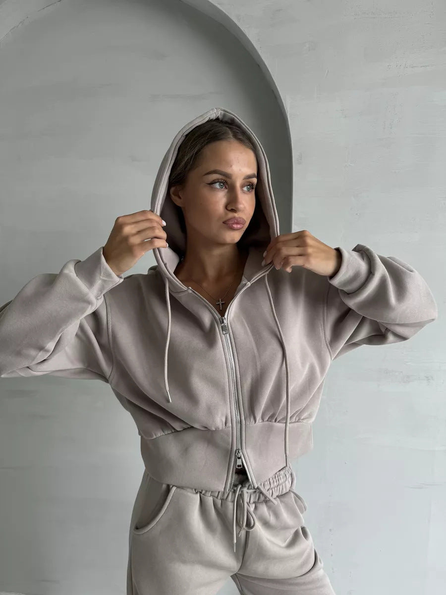 European and American  casual cotton-containing women's clothing solid color long-sleeved zipper cardigan hooded sweater lace-up waist pants two-piece set