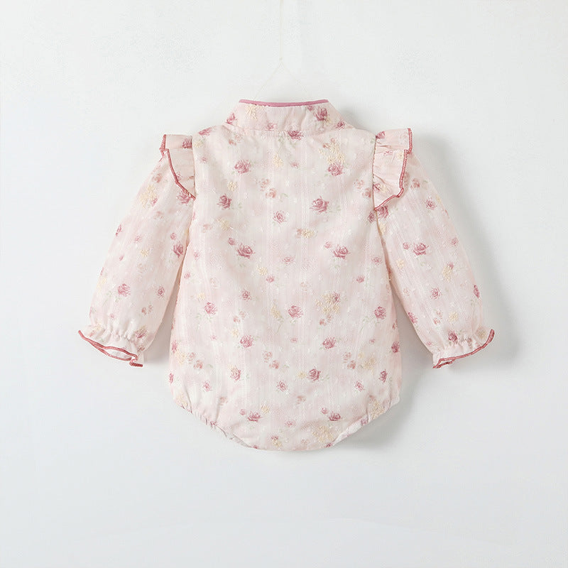 New chinese style baby romper - autumn outfit for baby girls - floral print, frog closures, flutter sleeves, spring/autumn long-sleeve bodysuit