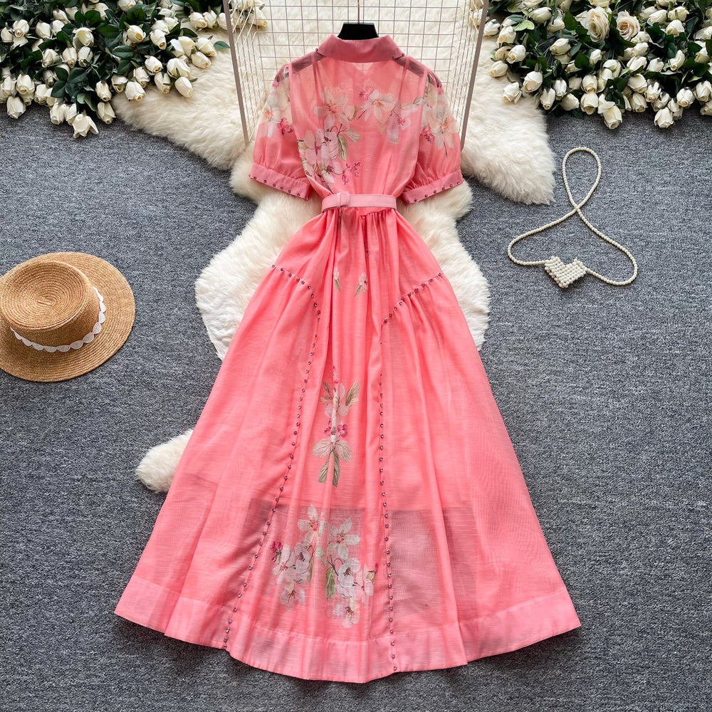 Elegant bubble sleeve floral embroidered dress - women's summer korean style a-line dress with cinched waist - soft & chic for work or play