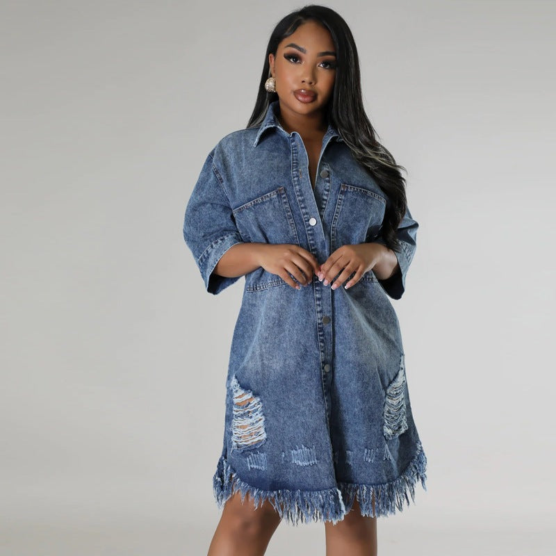 Amazon independent station  cross-border women's clothing new arrival denim outwear ripped tassel short-sleeved lapel fashion trendy