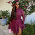 European and american cross-border women's fashion:  summer new collection - sweet polka dot round neck slim-fit slit irregular mini dress