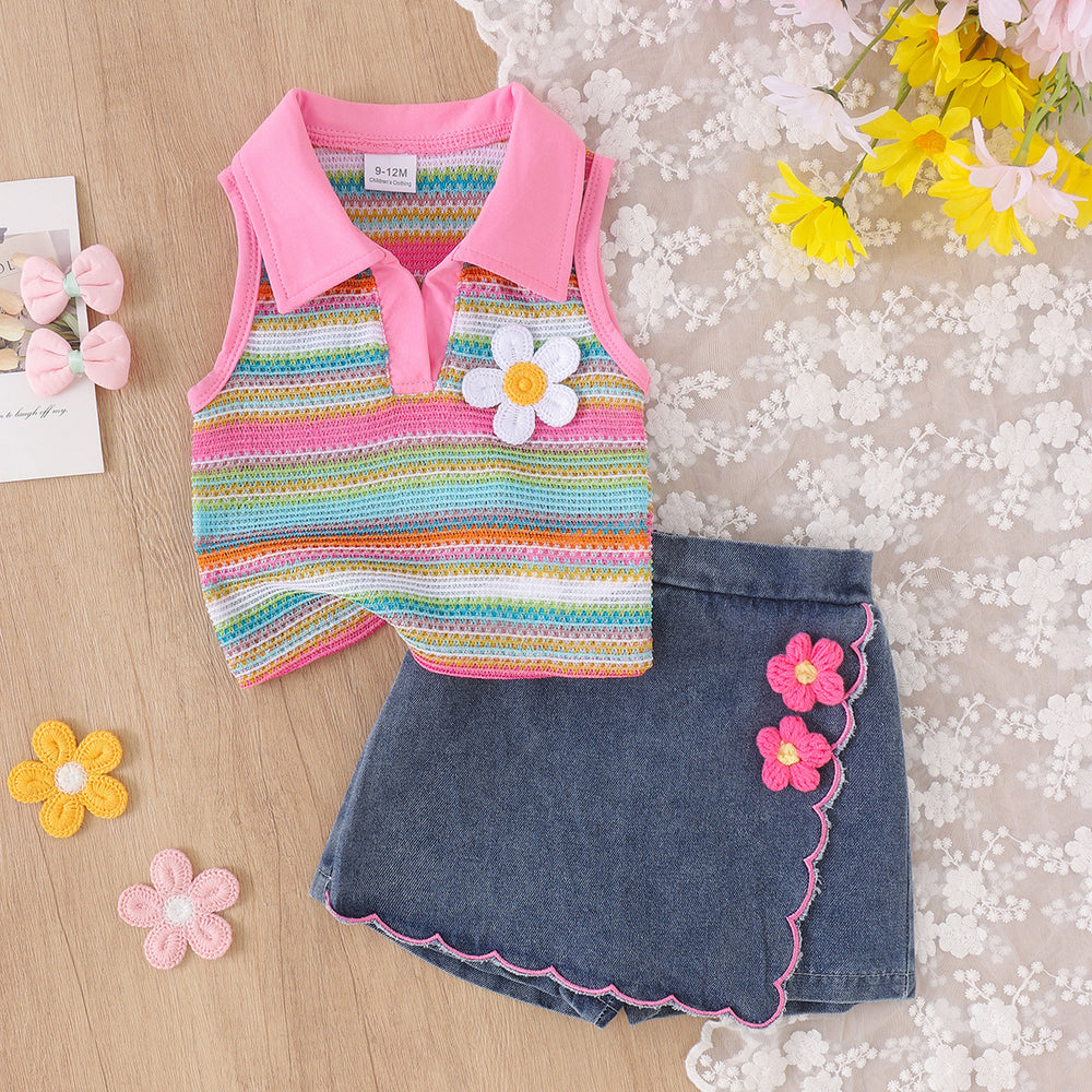 Kids clothing cross-border fashion children's clothing new arrival kids pink collar colorful vest + blue shorts