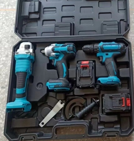 Brushless lithium power tool set, lithium battery impact drill angle grinder, electric drill wrench four-piece set, 2 batteries universal