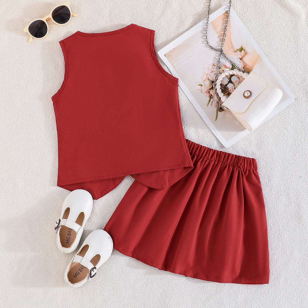 exclusive: girls' preppy summer outfit - red sleeveless vest + pleated skirt, fashionable casual style