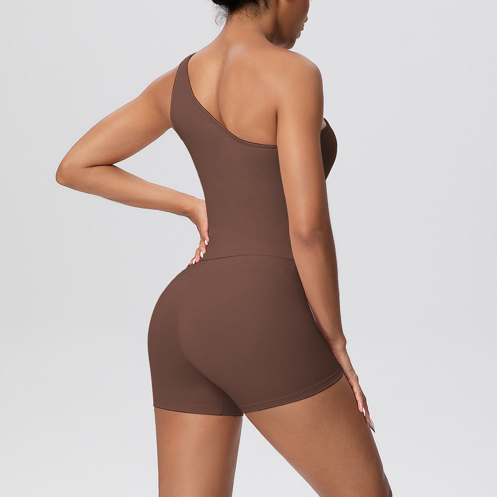 double-sided brushed nude tight one-shoulder vest shorts sports suit running fitness yoga wear two-piece set