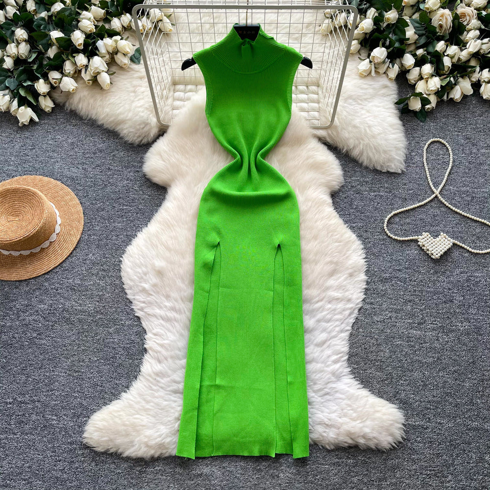 Lightly mature elegance style sleeveless high collar knittingdress female k-style silmslimming lookelegant slit a-line skirt work clothing
