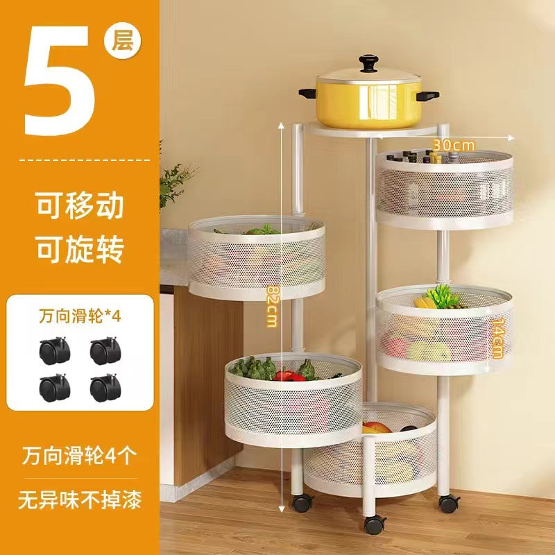 Kitchen rotating multi-functional storage rack, household floor-standing multi-tier snack cart, fruit and vegetable basket organizer