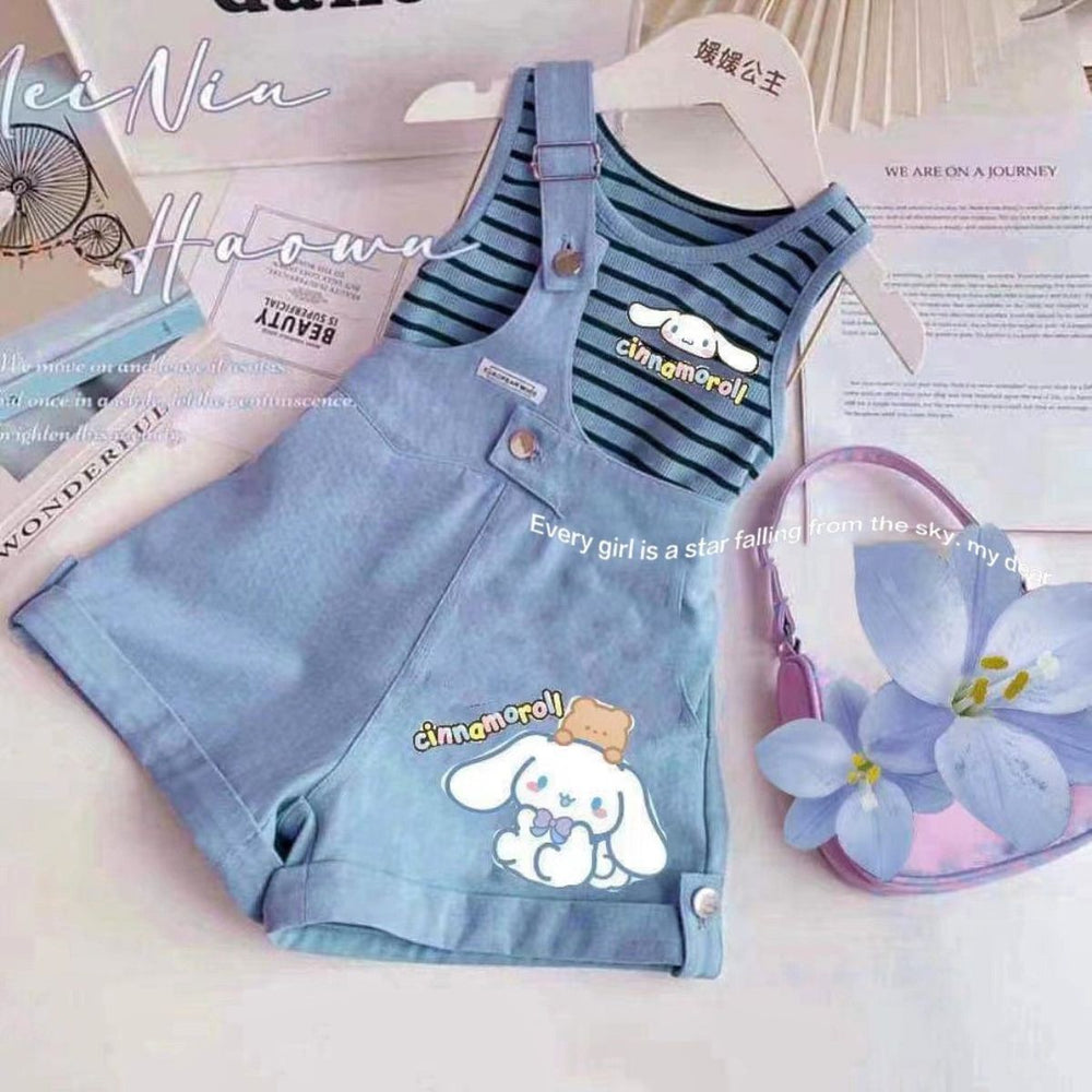 Summer girls' two-piece outfit: striped tank top with one-shoulder straps and shorts, featuring cartoon print, fashionable kuromi korean style
