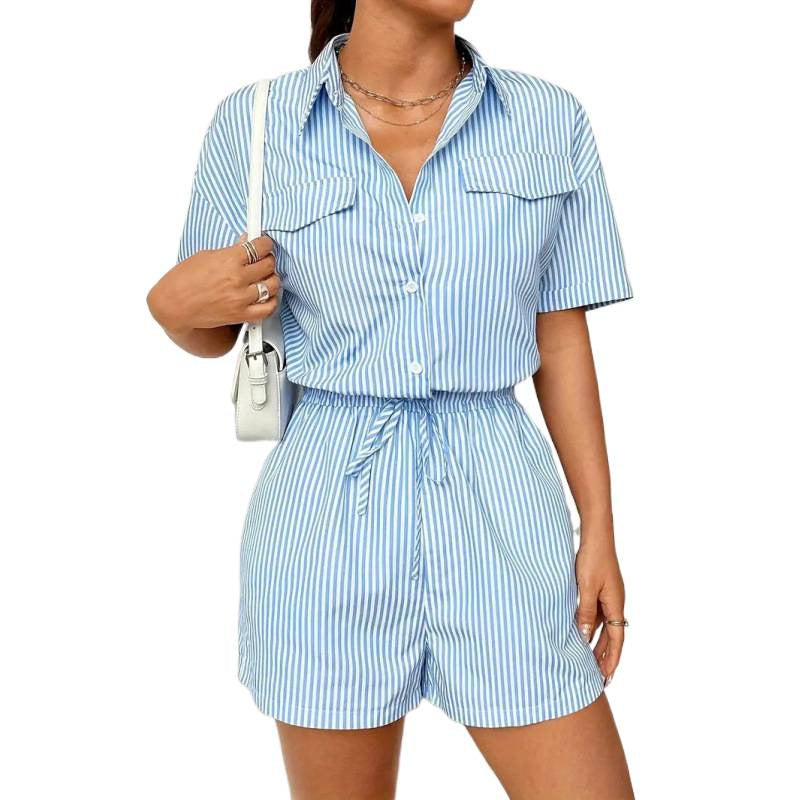 Shipped to europe and the us: -style striped, button-front, short-sleeved, cinched-waist jumpsuit for independent cross-border e-commerce stores