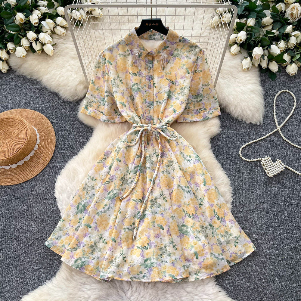 Frenchromantic style floral elegantdress women's summerk-style waist slimming look a-line skirt gentle tie back