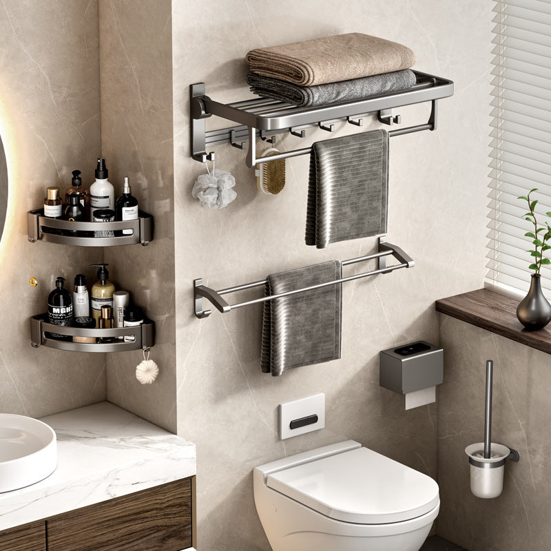 Gunmetal towel rack, foldable bath towel holder, no-drill bathroom toilet storage shelf, wall-mounted organizer
