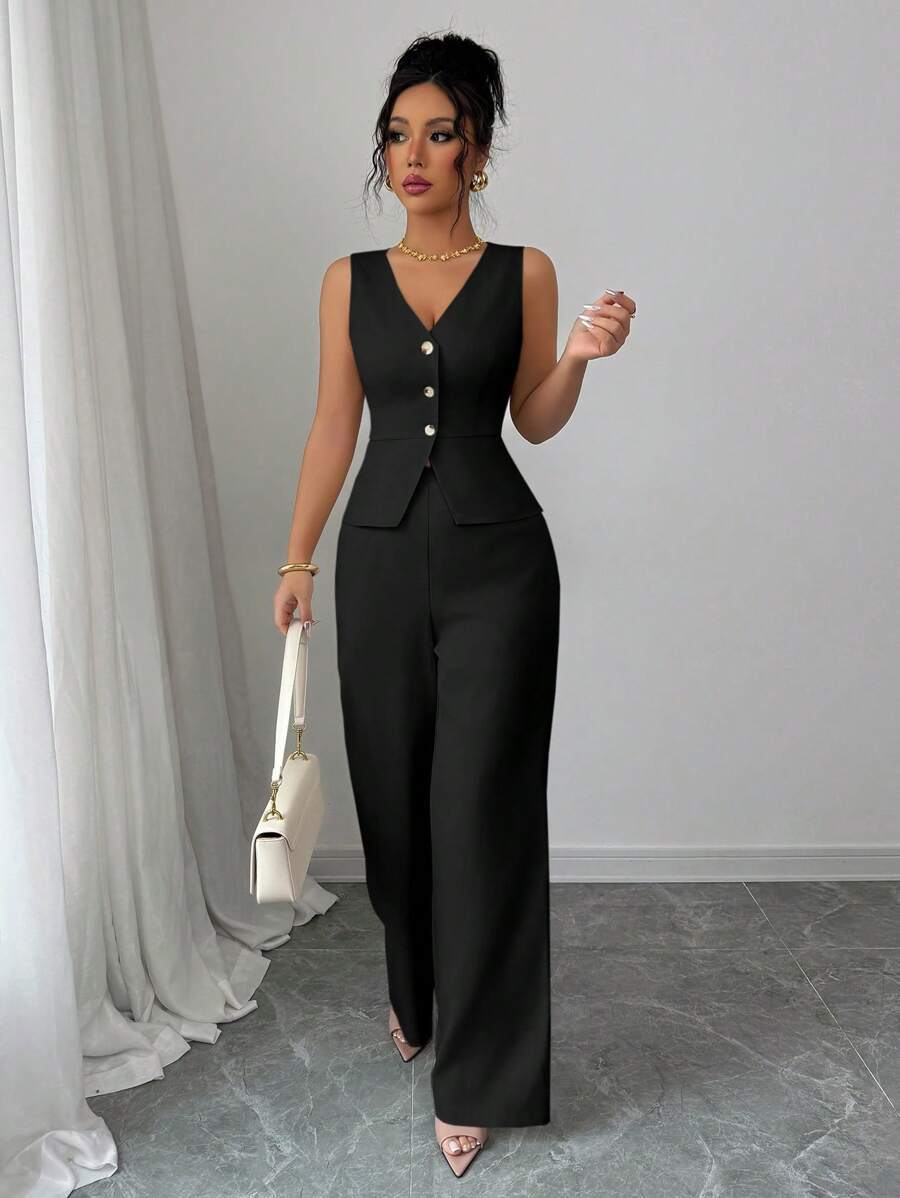 new women's cross-border elegance workwear v-neck button-down pants jumpsuit