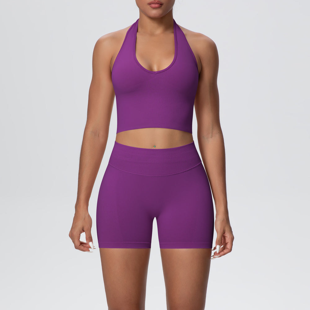 New seamless breathable backless halter bra high-waisted butt-lifting yoga set outdoor running fitness activewear