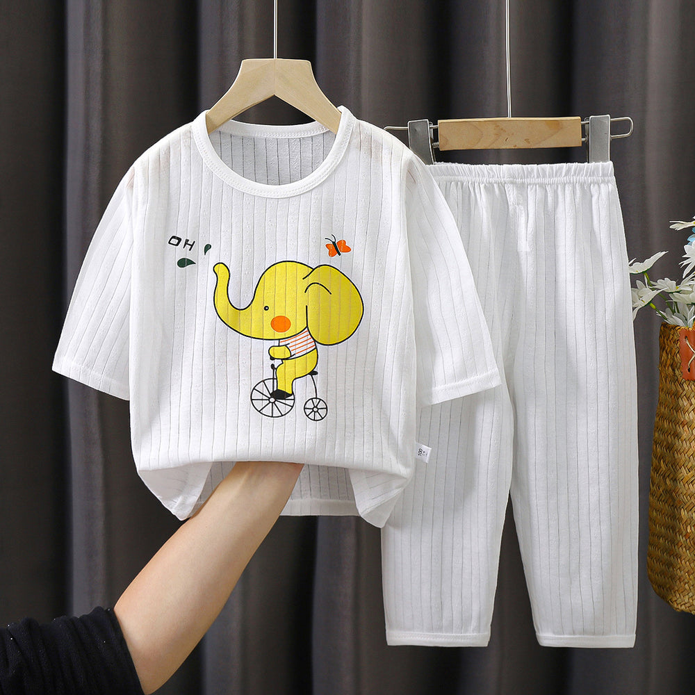 Summer kids' pure cotton loungewear set - boys' and girls' lightweight pajamas, breathable three-quarter sleeve baby air conditioning suit