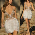 Ins fall/winter new european and american style export  spaghetti strap v-neck feather dress sexy women's party evening gown
