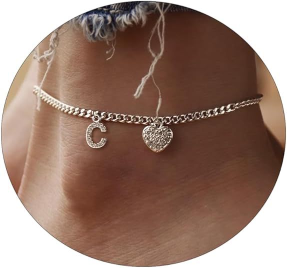 Amazon exquisite silver initial anklet - minimalist personalized letter anklet with cz heart cuban chain