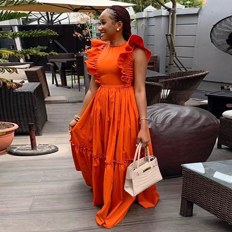 European and american cross-border women's fashion:  summer new arrival - elegant ruffle-trimmed short-sleeve round neck, waist-defining, long, flared dress