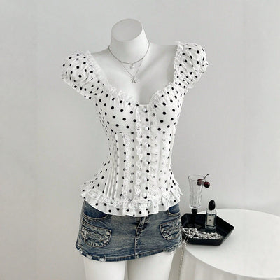 D1 spot 95325#  cross-border fashion pure desire polka dot v-neck waist fungus edge summer women's shirt