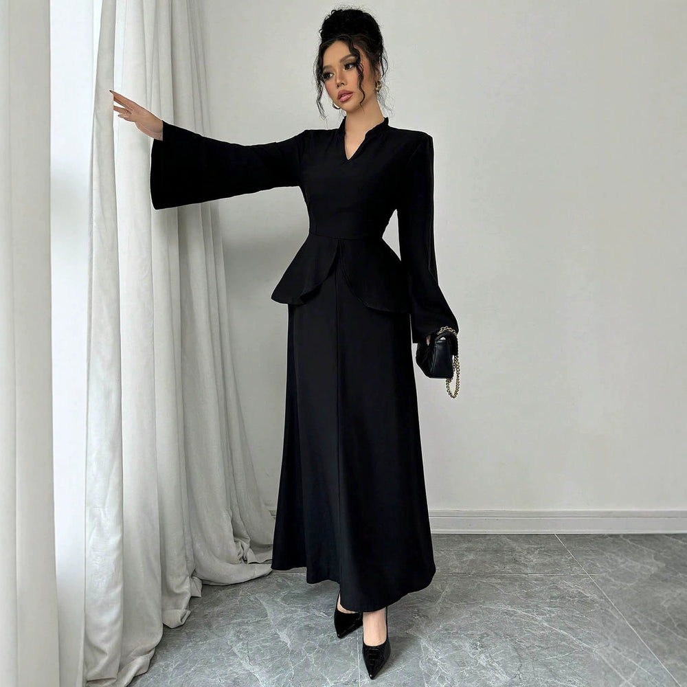 Exportaccessible luxurywork clothingtwo-piece setruffle waist swing flare long sleeves back straps slimming lookblacklong wide leg cover