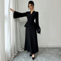 Exportaccessible luxurywork clothingtwo-piece setruffle waist swing flare long sleeves back straps slimming lookblacklong wide leg cover