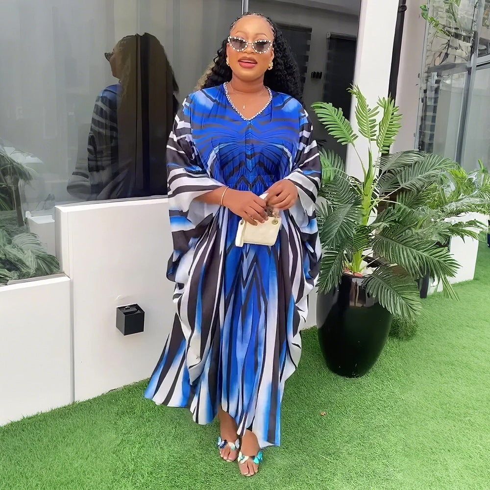Temu cross-border e-commerce  fashion style fashion gradient stripes african women's large size adjustable waist dress