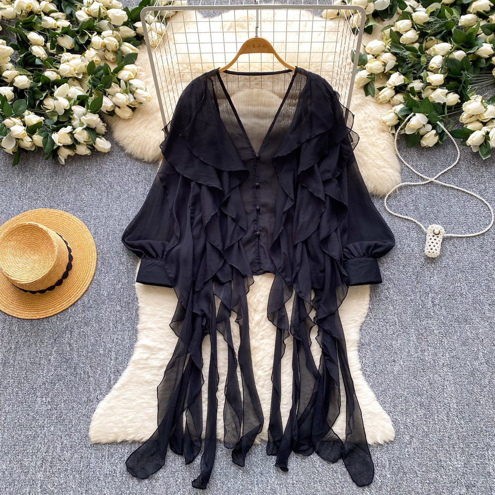 Frenchromantic style comfortable breathable rufflesshirt women's long sleevesloosecardiganslimming lookeasiest for matchwork clothingtops