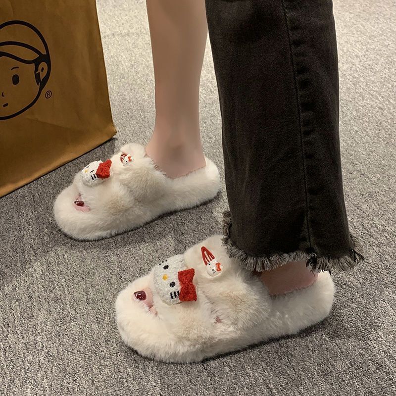 Thick sole furry slippers non-slip cartoon cute kitten outwearstuffed velvet cotton shoes for women autumn winternew arrivaleasiest for match