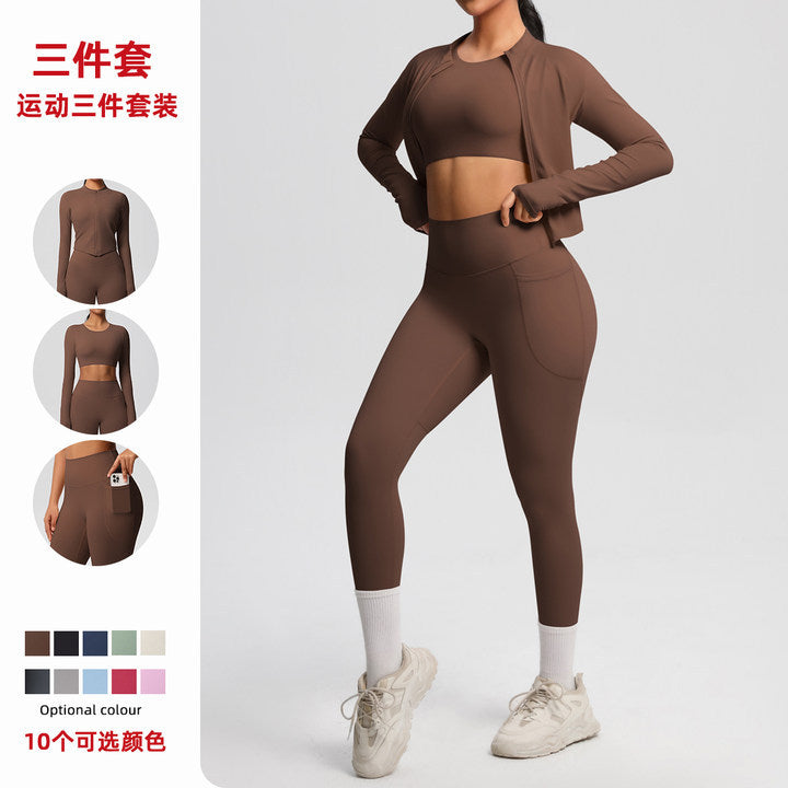 new cloud-soft brushed slim-fit long sleeve activewear set: includes a sporty jacket, casual peach lift leggings, and a yoga top – a three-piece workout outfit