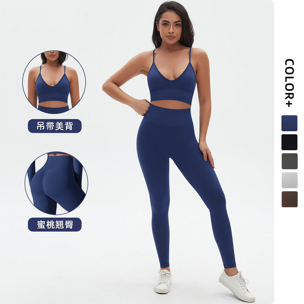 New arrival cross-border seamless pure color tight sexy sling beautiful back yoga suit sports running fitness two-piece set