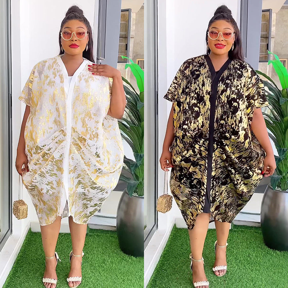 Fashion cross-border e-commerce  soft mesh hot stamping dress suspender two-piece set african plus size women's clothing