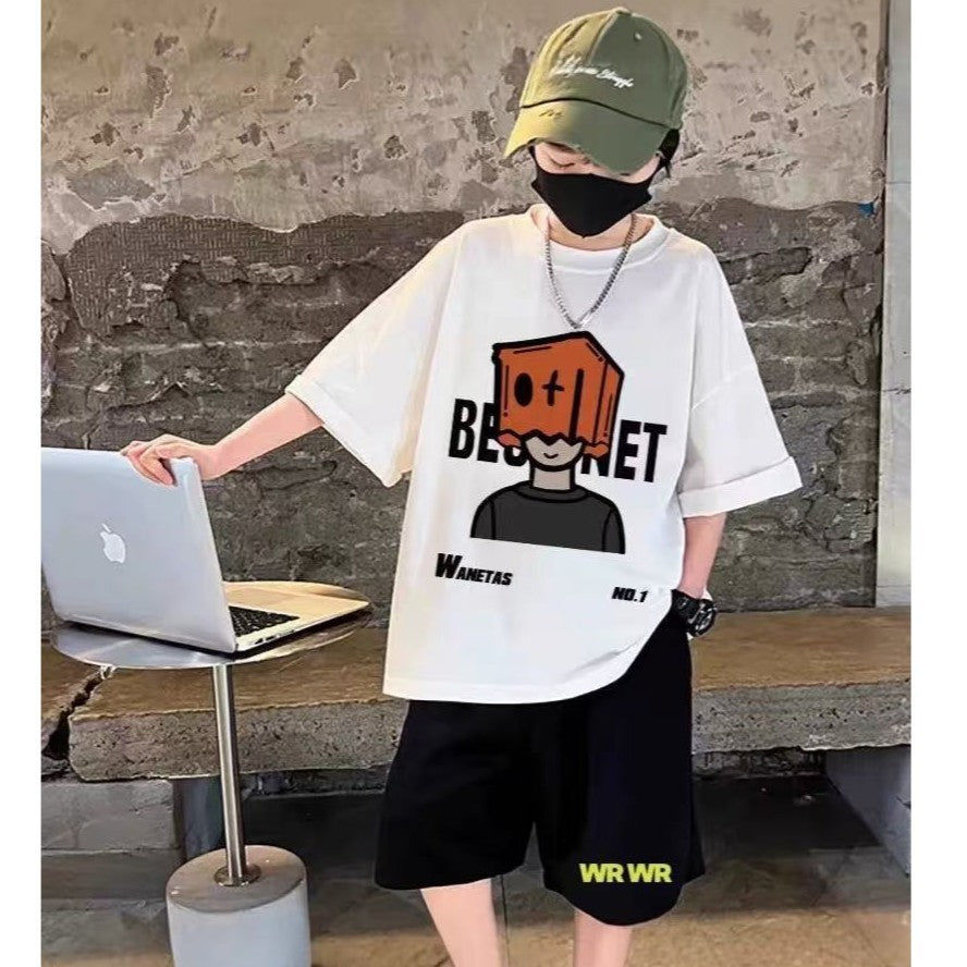 White, 100% cotton boys' short-sleeve t-shirt - summer  new arrival - relaxed fit, casual cartoon print, kids' half-sleeve tee 014