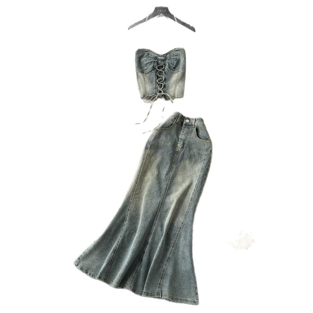 American retro hot girl halter tie-up cropped denim vest + high-waisted slimming fishtail midi skirt two-piece set