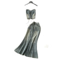 American retro hot girl halter tie-up cropped denim vest + high-waisted slimming fishtail midi skirt two-piece set