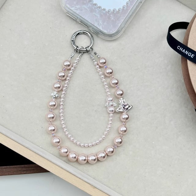 Women's mobile phone chain creative insfashion mobile phone pendant diy handmade pearl crystal rhinestone double chain lanyard new arrival