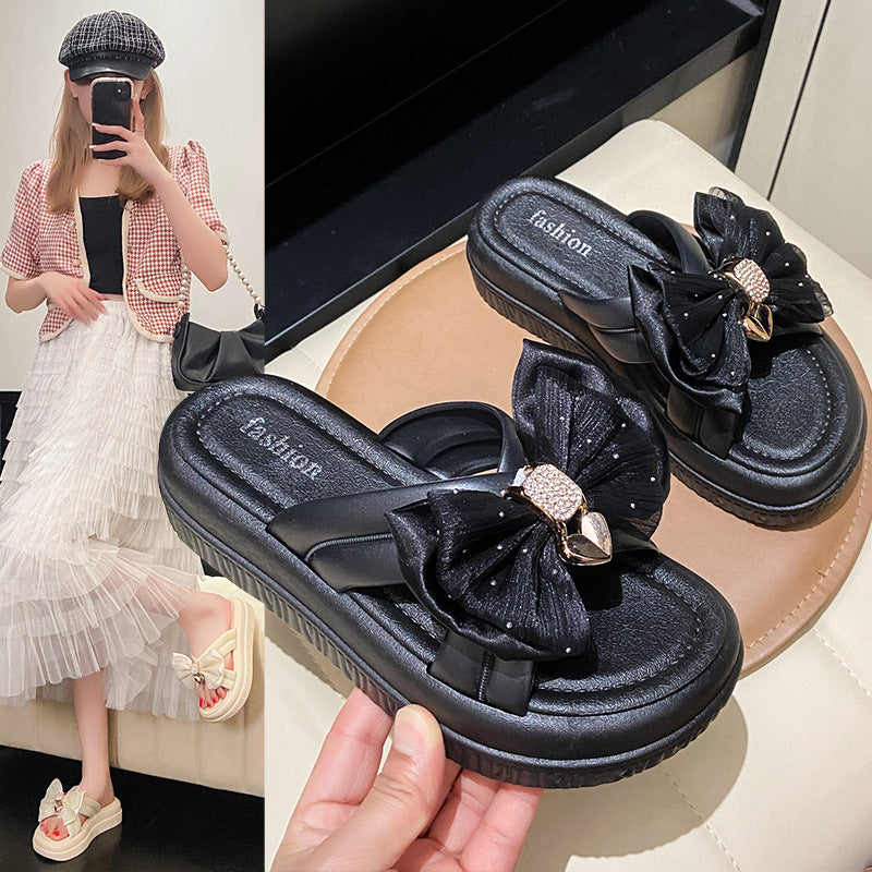 Platform sole high-top versatile sandals & slippers - women's summer new arrivals - chunky heel bow detail thong sandals