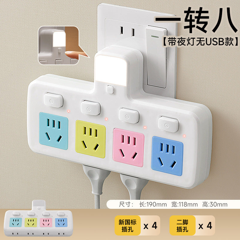 Multi-port usb charging power strip with surge protection, overload protection, five-outlet expansion, independent switches, and bedside night light