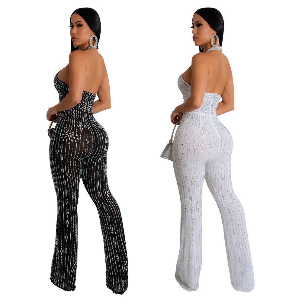 C6867 cross-border   fashion women's solid color rhinestone sleeveless halter neck pants jumpsuit