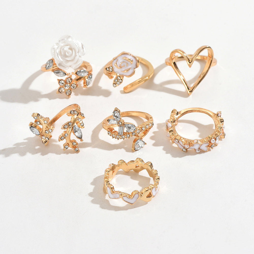 European and american cross-border fashion camellia flower ring set - niche, light luxury, high-end, diamond-studded heart and butterfly finger rings for women
