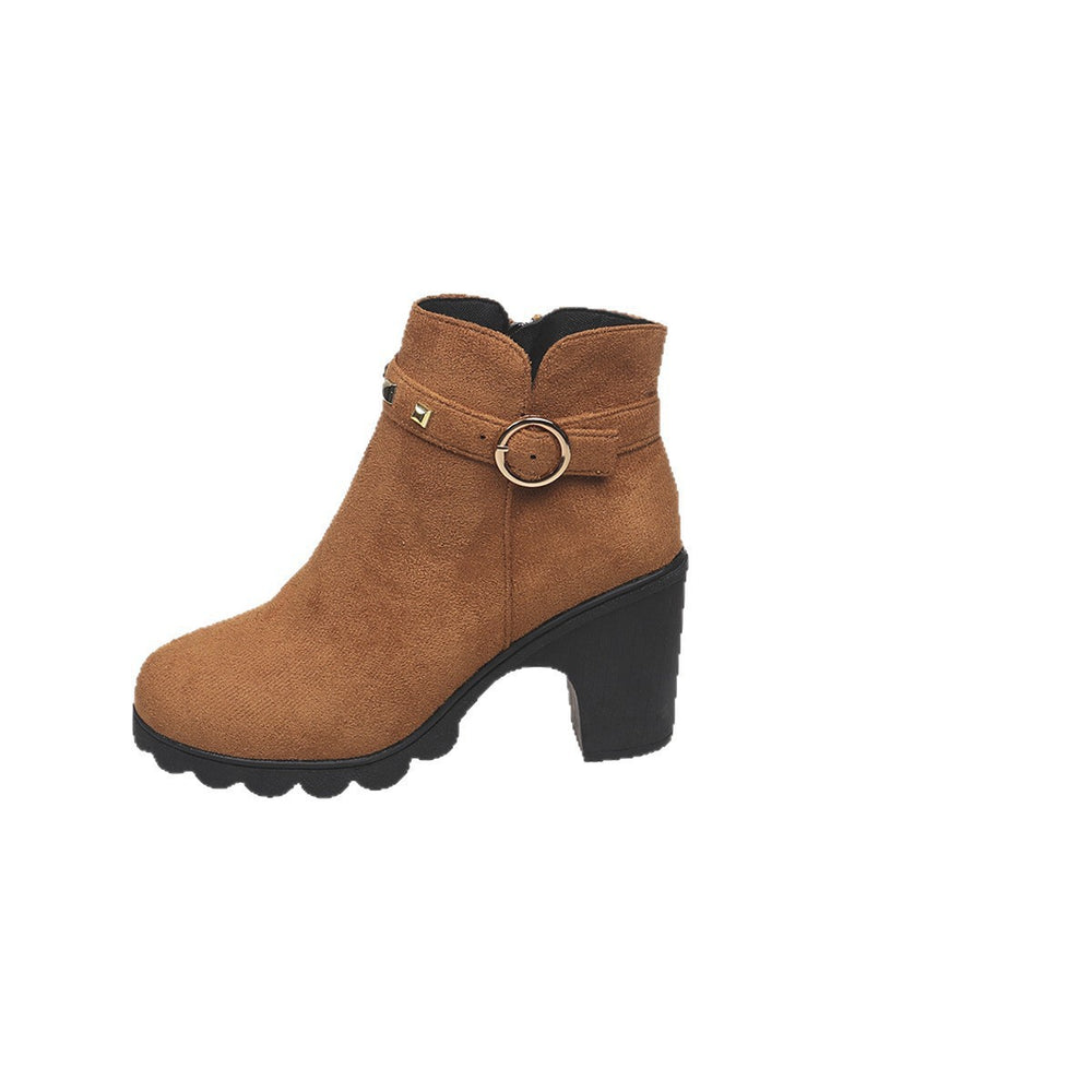 Wholesale women's plus size spring/autumn new british style chunky heel high heel martin boots with rivet belt buckle ankle boots