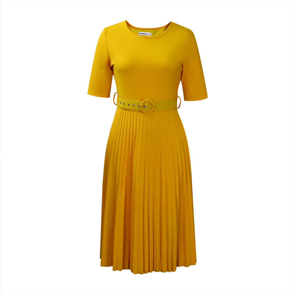 D028 dress - women's foreign trade summer  short sleeve high waist yellow pleated skirt african plus size european and american style dress