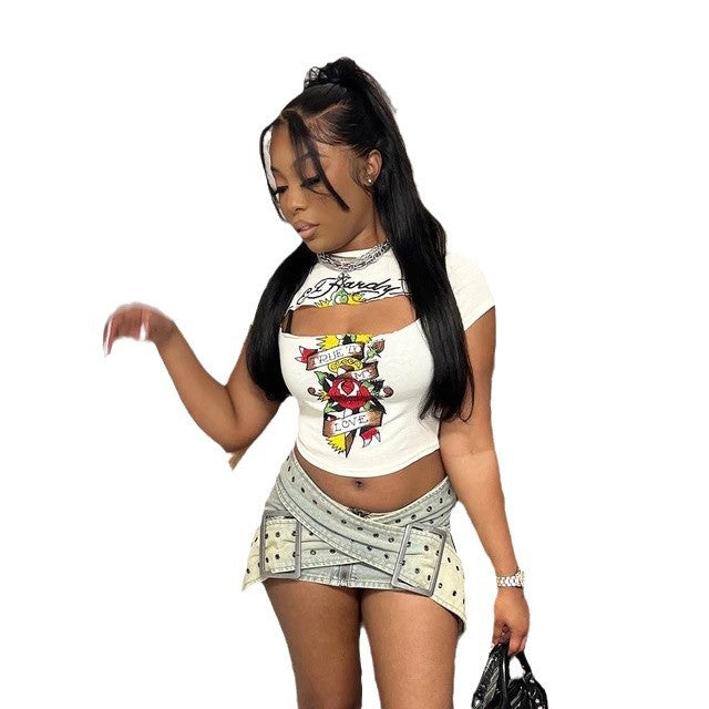 European and american cross-border women's fashion:  autumn hot style - cropped, round neck, printed, cutout, sexy, and spicy girl top