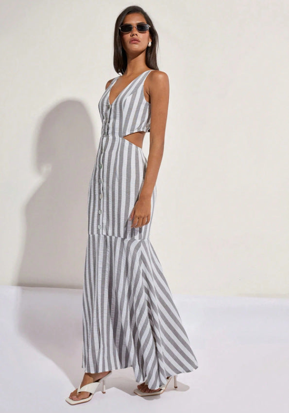Wholesale foreign trade  summer european and american fashion v-neck striped versatile v-neck dress