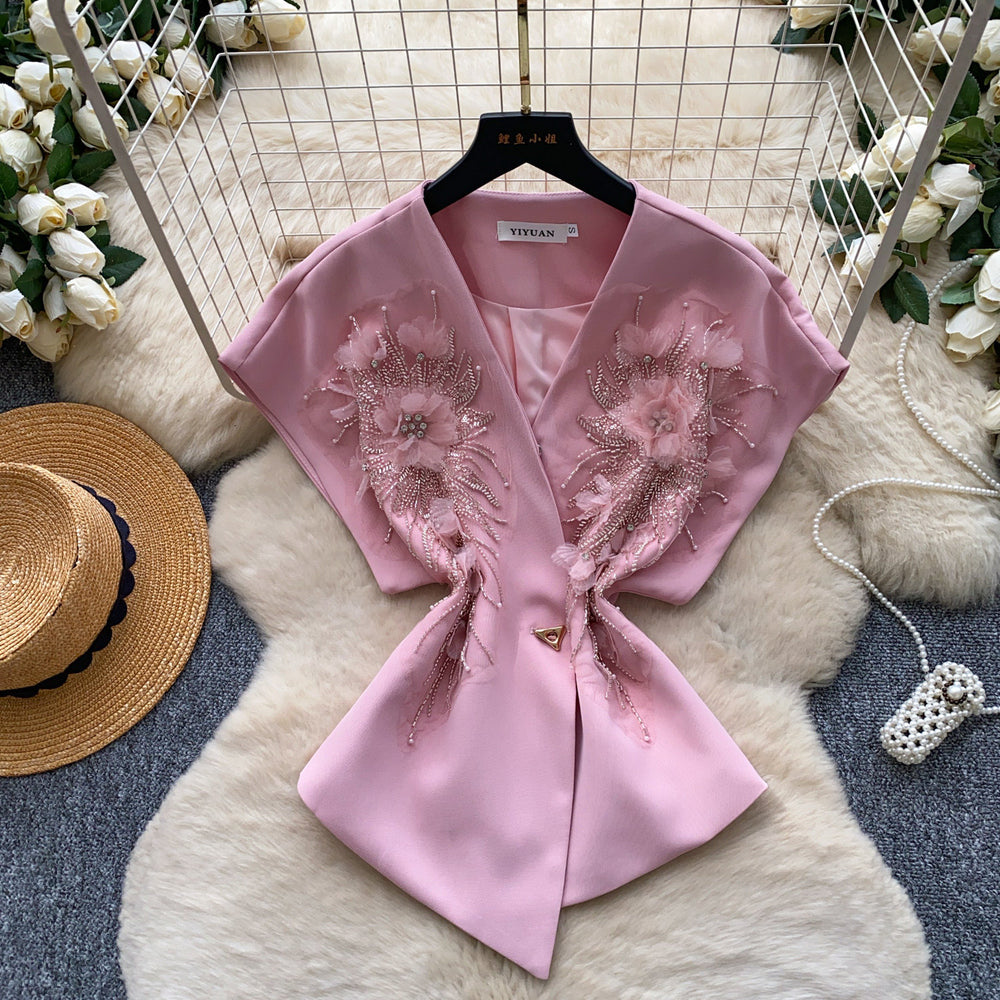 Commute style v-neck single-breasted vest - women's outerwear with embroidered floral accents - brown vest - autumn  - premium quality