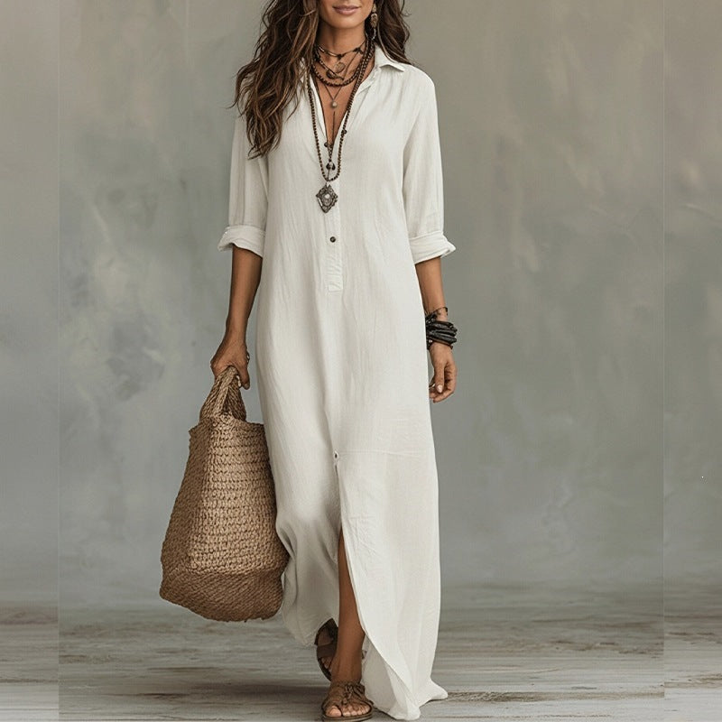 cross-border e-commerce women's fashion: european and american summer new arrivals - stylish casual commute loose solid color slit dress