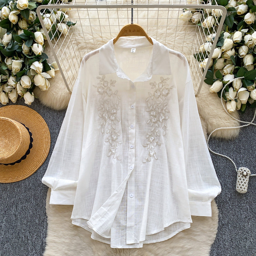 French-style heavy embroidery & rhinestone embellished versatile shirt - women's spring/summer long sleeve loose fit cardigan - commute-friendly all-match top