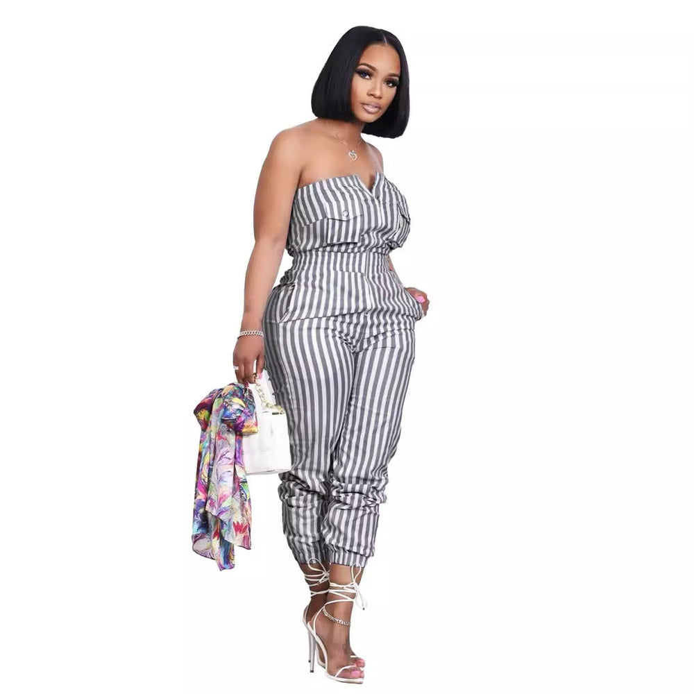 Amazon   hot selling  new european and american women's striped bandeau jumpsuit