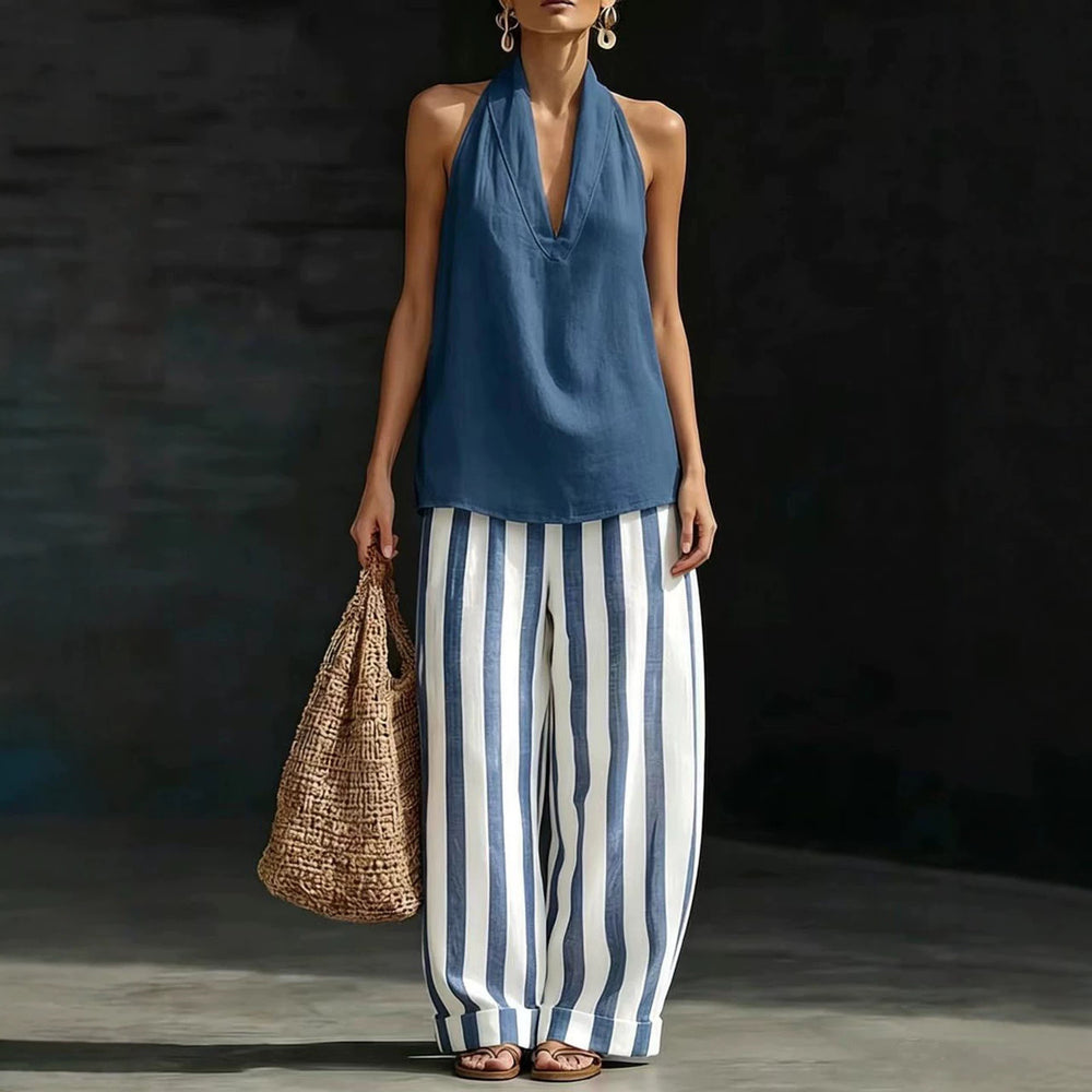 fashion  summer new style halter v neck stripes linen suit holiday style loose pants two